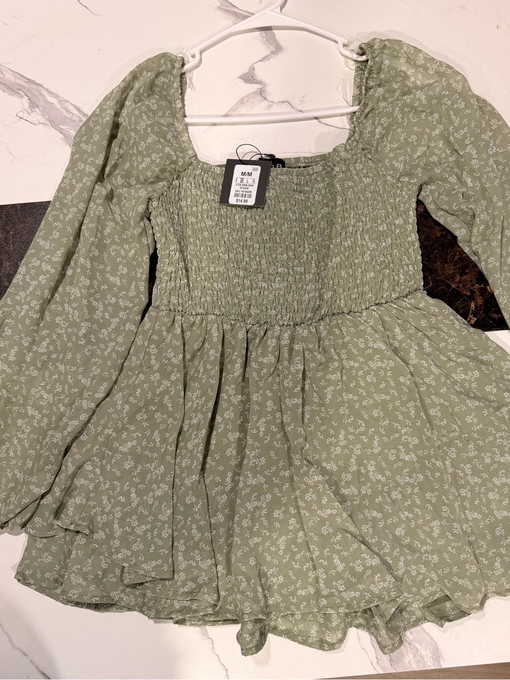 Smocked Square Neck Peasant dress in Sage Floral